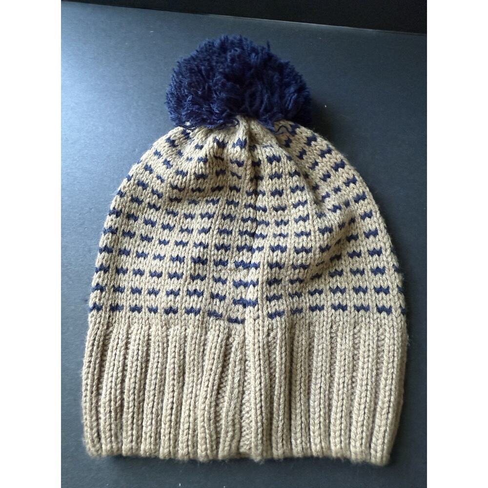 Nautica Pom Pom Beanie Knit Ski Cap Blue Beige Casual One Size Unisex Outdoor
